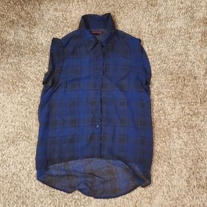 Material Girl Sheer Plaid Sleeveless Button Down Shirt